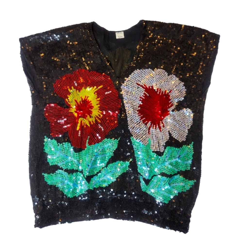 VINTAGE Tropical Flower Sequin Batwing Short Sleeve Top M